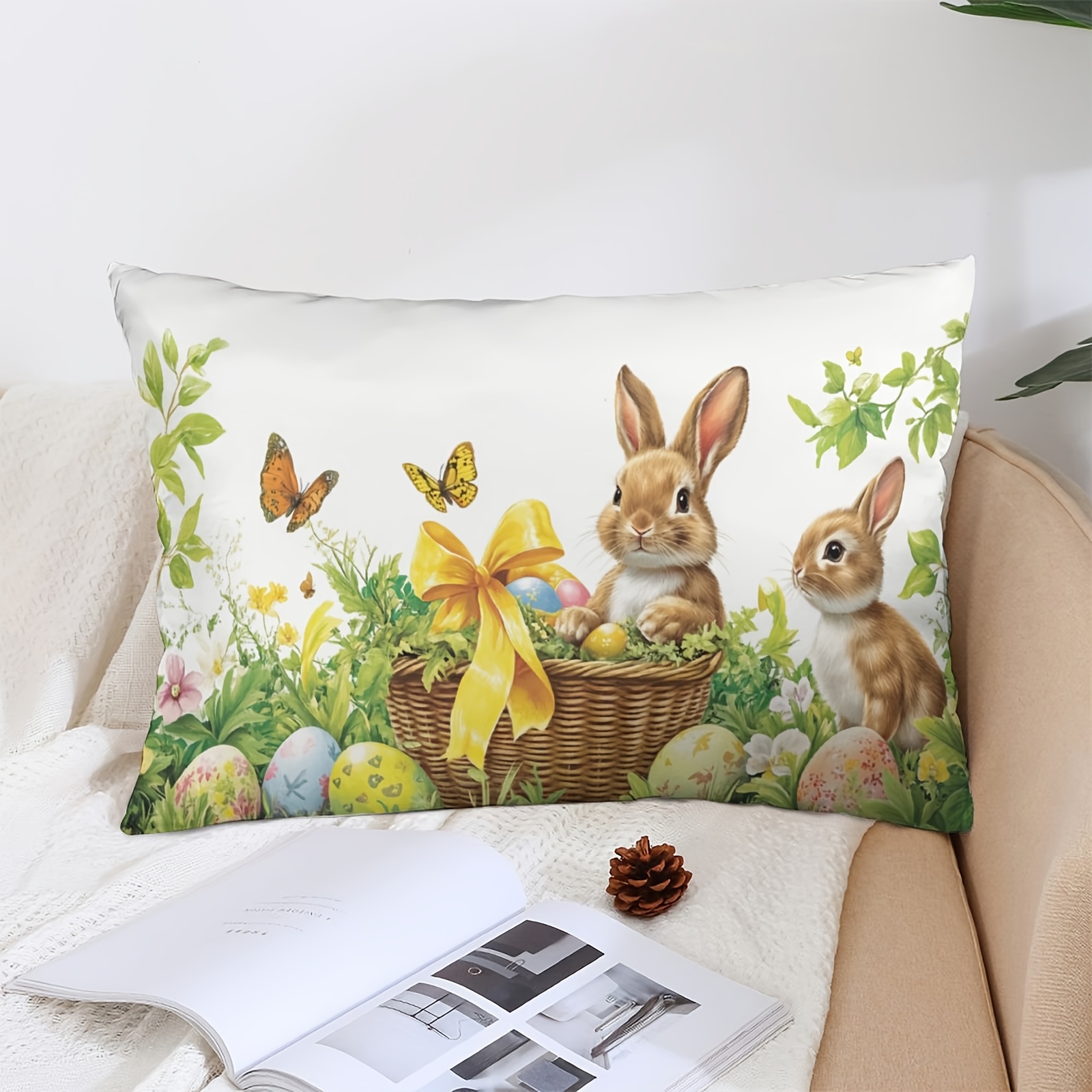 

A Stylish Easter Bunny Plush Pillowcase, Measuring 12x20 Inches, Made Of 100% Polyester, Featuring A Zipper Closure, Machine Washable, Home Or Office Decor, And An Ideal Gift.