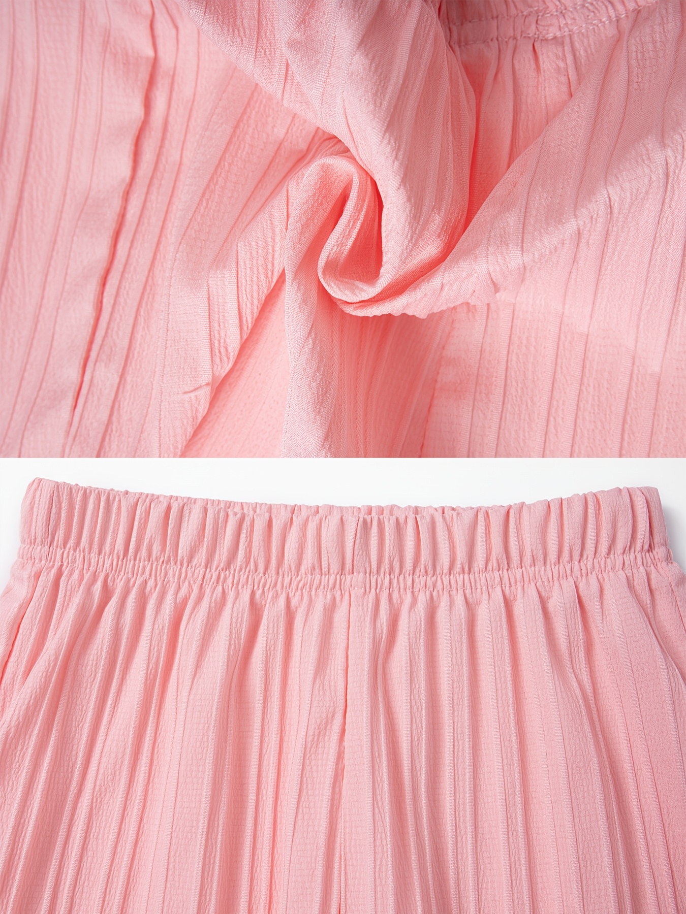 Girls' 4pcs Summer Textured Pleated Shorts Set