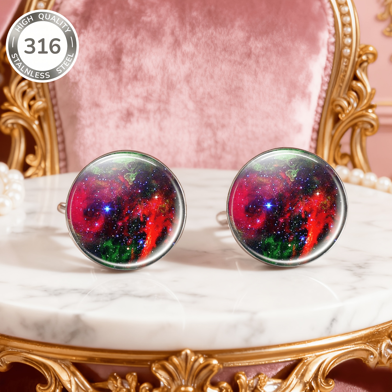 2pcs Set Stainless Steel Non-Piercing Earrings with Colorful Nebula Patterns