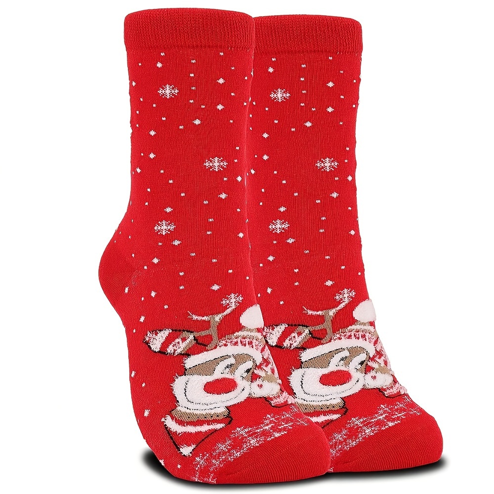 

Red Christmas Crew Socks With Cartoon Reindeer & Snowflakes - Warm, Breathable For Holiday Gifting