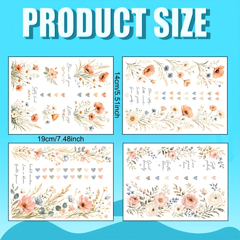 TEMU 4 Sheets/set, Gentle Floral Series Transfer Paper, Watercolor Style Poppy And Small Flowers Combination Pattern, Suitable For Mugs, Coffee Cups,