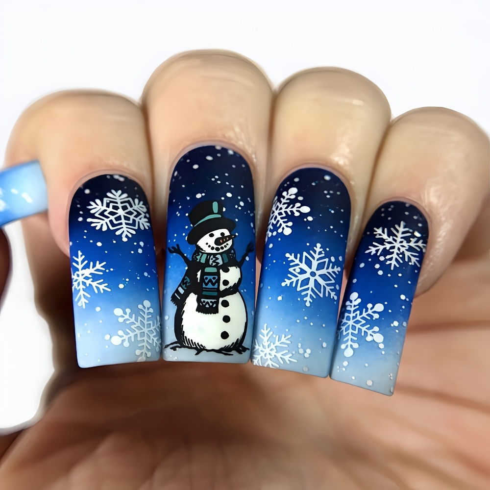 

24pcs Christmas Press-on Nails Set - Long Square, Blue Gradient With Cute Snowman Designs, Matte - Women & Girls, Smooth, Full Coverage, Nail Stickers