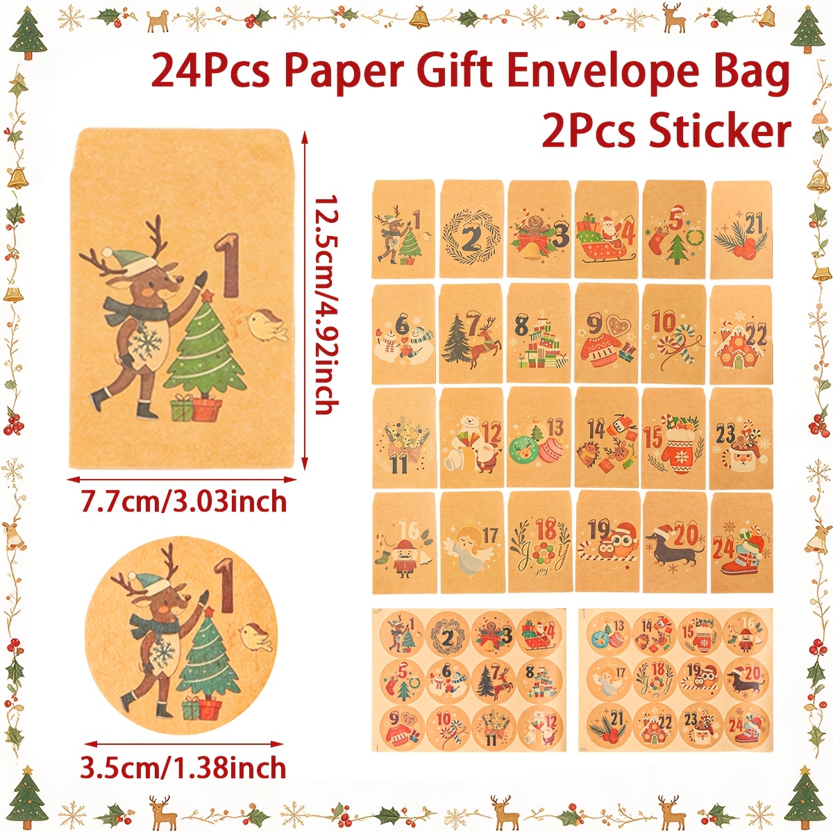 Image of 24pcs Paper Gift Envelope Bags+2pcs Stickers, Gift Bags, Christmas 24 Day Countdown Paper Gift Bags, Advent Calendar Bags, Design, Merry Christmas Decor, Xmas Supplies, Favors