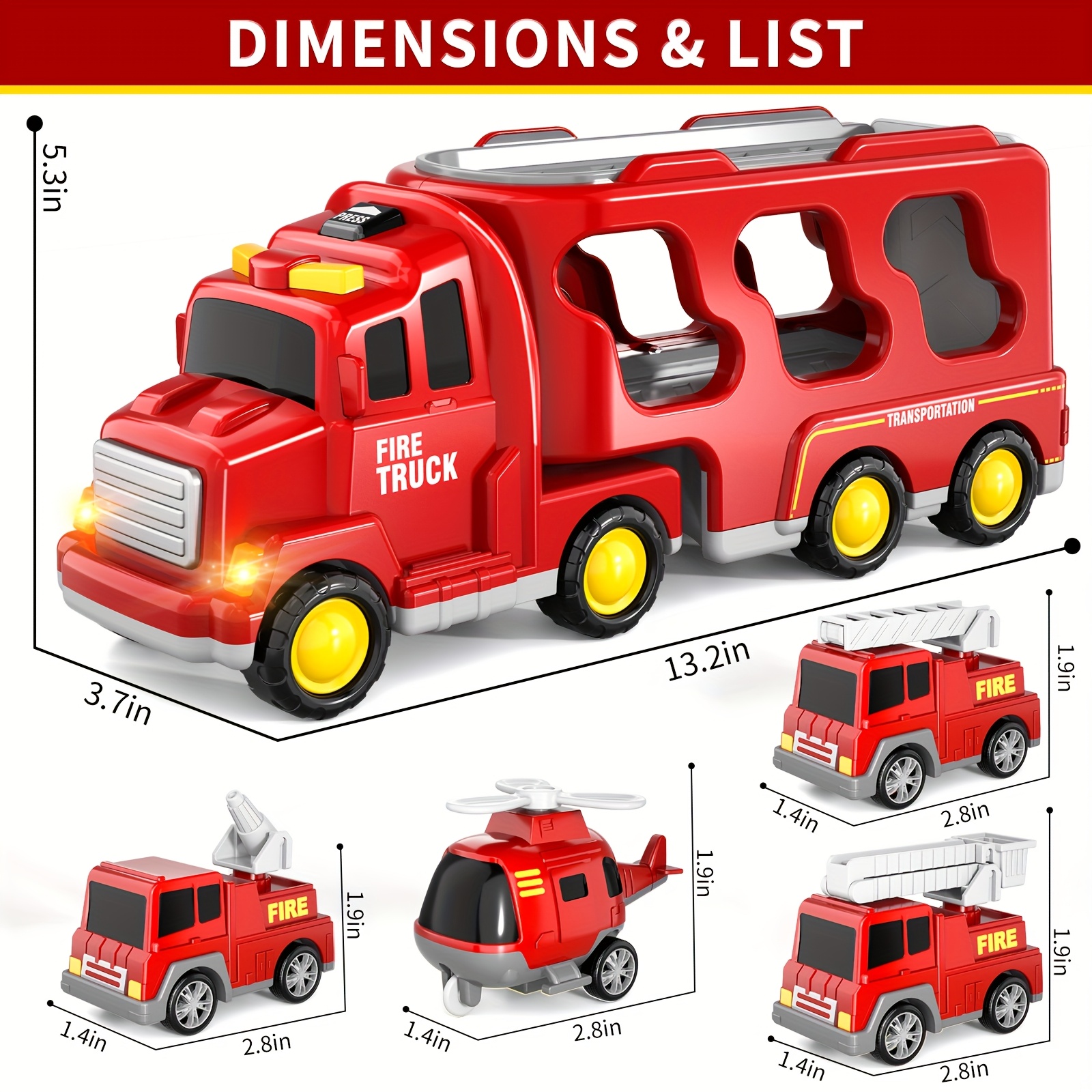 TEMU Fire Truck Toys For 3 4 5 Boys Toddlers, 5in 1 Kids Carrier Fire Trucks Cars For Boy Toys Birthday, Car Trucks Friction Power Toys With Light
