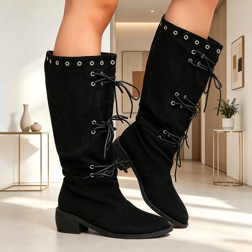 retro western style high top stacked boots womens back strap long boots chunky heel over the knee knight boots versatile womens boots women shoes