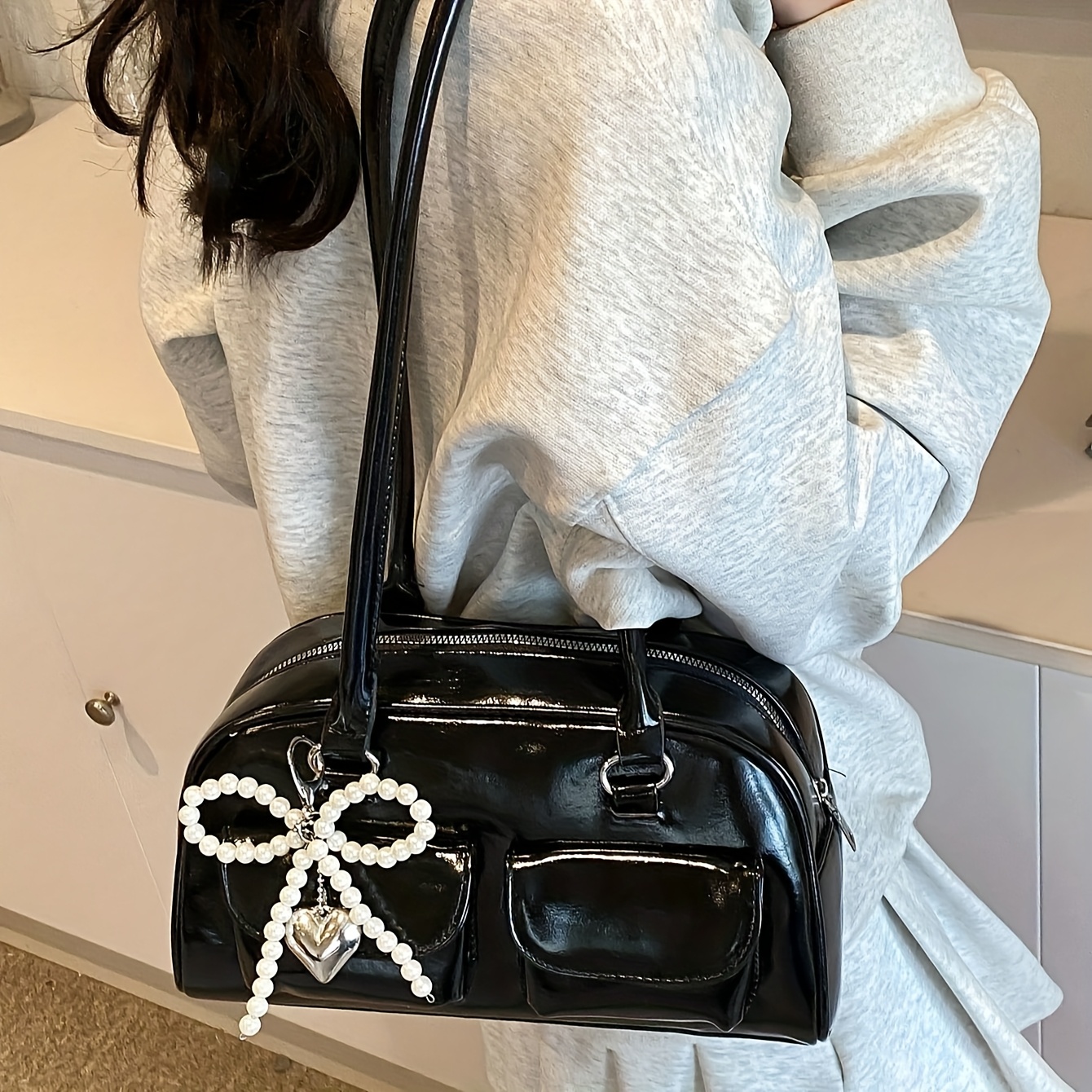 Korean Niche Design Shoulder Bag Boston Bowling Handbag Underarm Bag Multi-pocket Shoulder Large Capacity Bag
