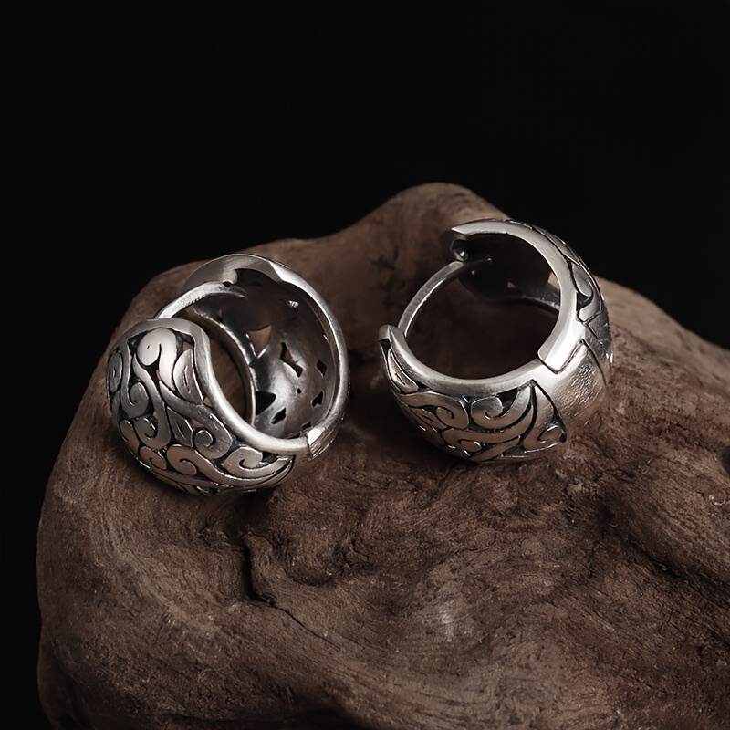 TEMU A Pair Of Vintage Ethnic Style Hollow Pattern Hoop Earrings, Fashionable And Hypoallergenic Earrings, Elegant Evening Jewelry Accessories Gift For Women