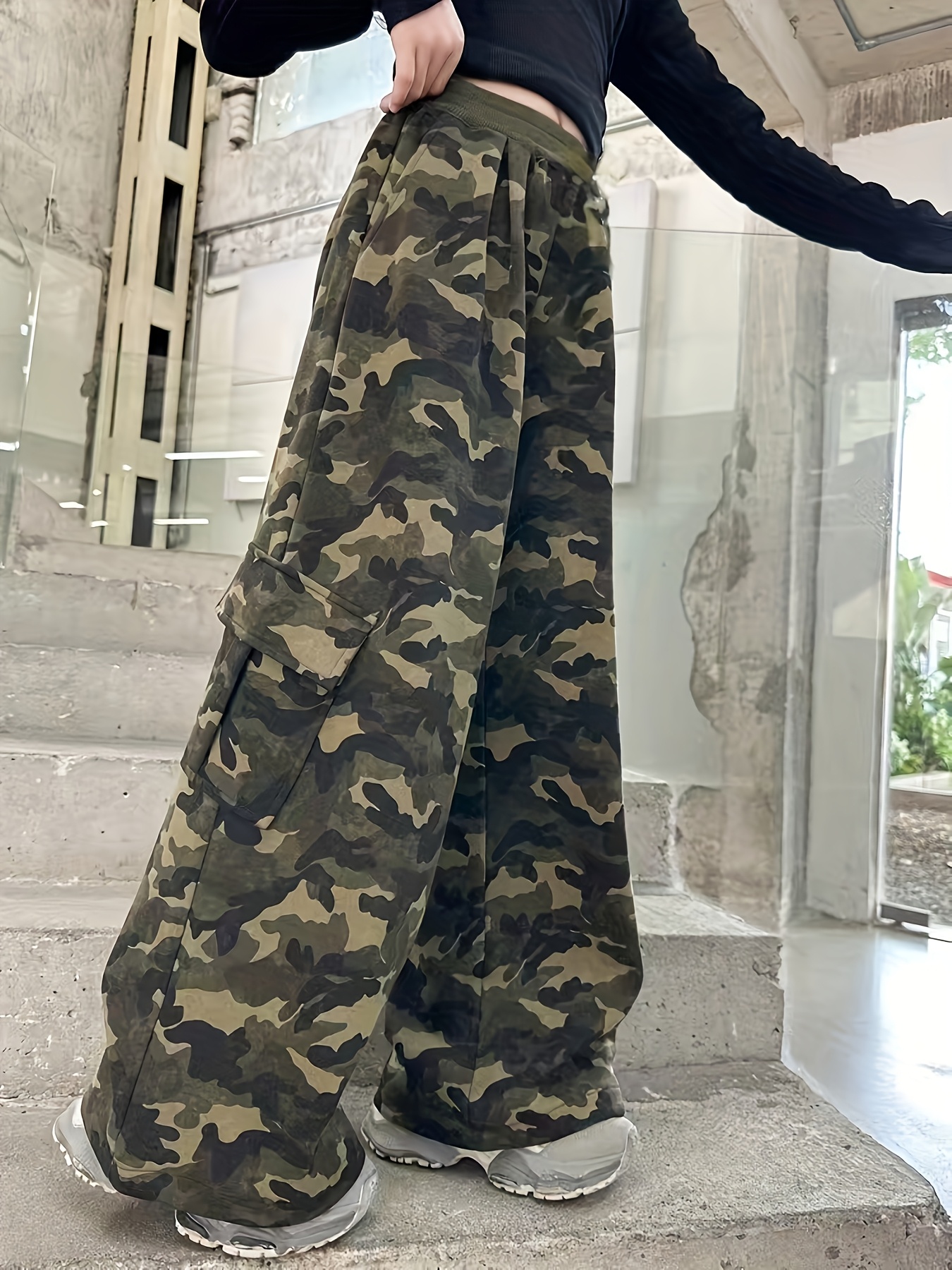 item picture y2k camouflage cargo pants for teen girls multi   stylish and versatile comfortable elastic waistband soft and comfortable fabric loose fit casual long pants suitable for daily school wear   casual pants   sport