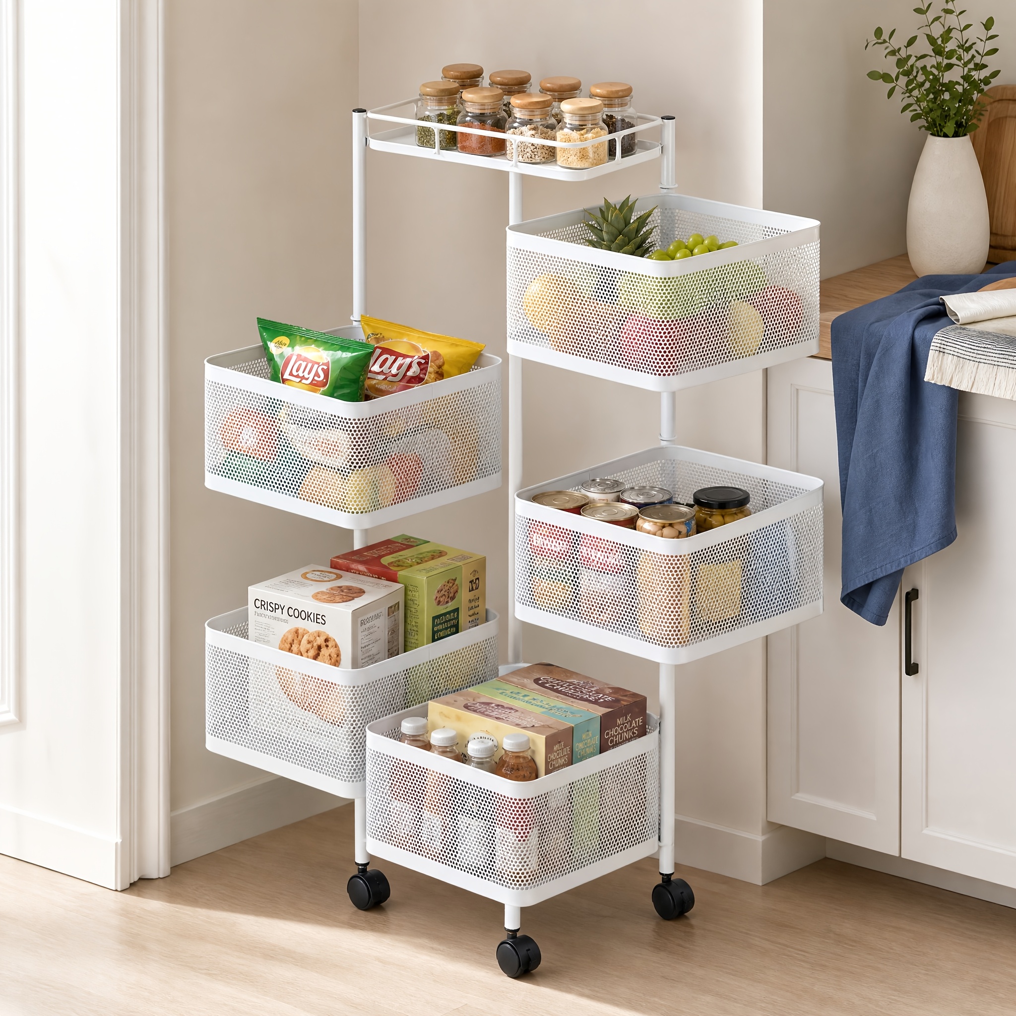 TEMU 6-tier 5-basket Rotating Kitchen Storage Rack, Glossy Steel, Multi-functional Organizer