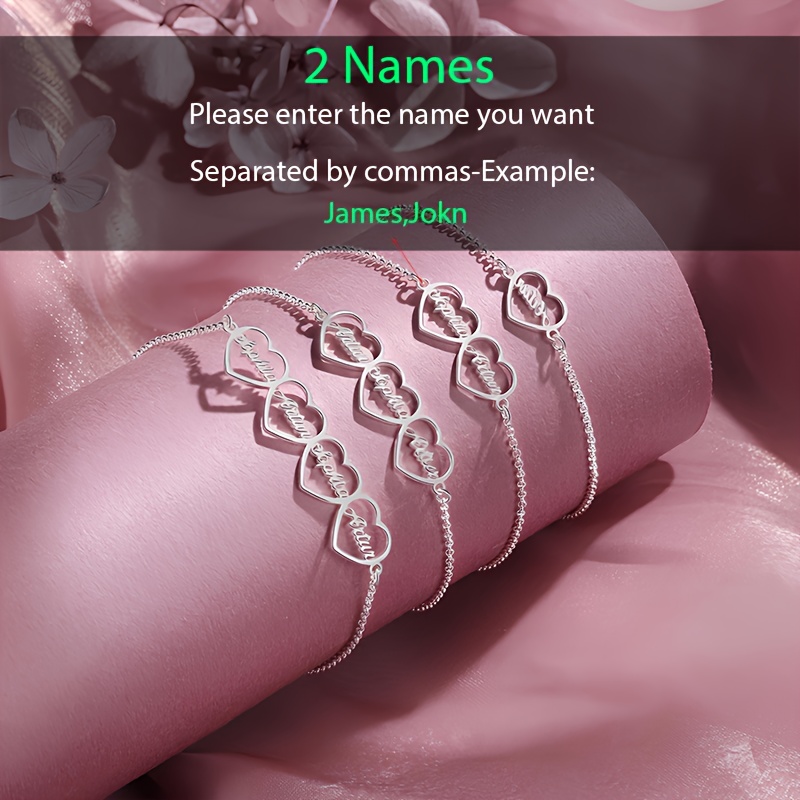 TEMU Custom Personalized Heart-shaped Multi-name Bracelet, Personalized Heart-shaped 1-4 Name Bracelet, 304l Stainless Steel, Elegant Bohemian ,