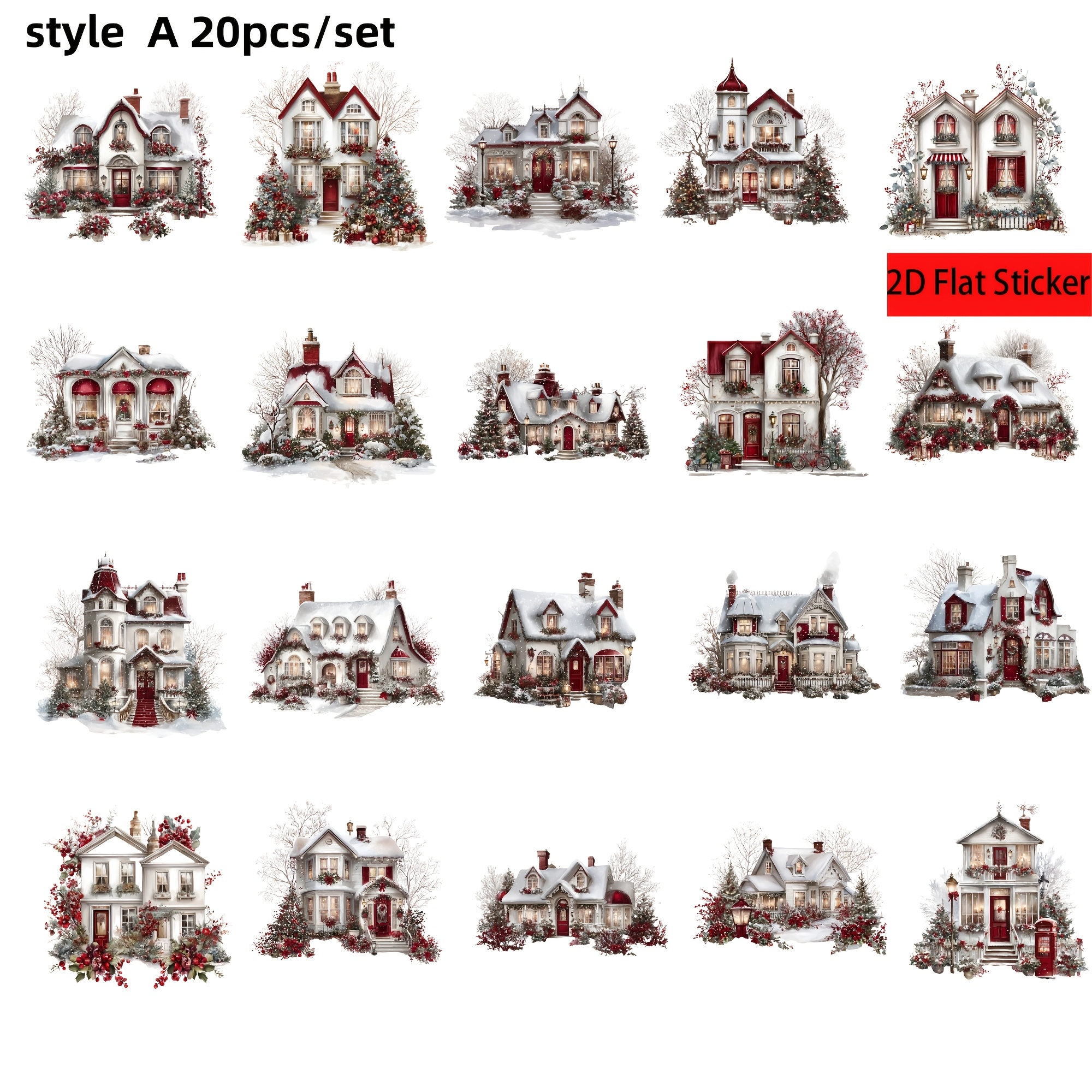 TEMU 20pcs/Set Villa Scène de Neige Série Maison Autocollant 2D Plat Hiver Scène de Neige Porte Rouge Cour Villa Matériel Découpe Livre Autocollant