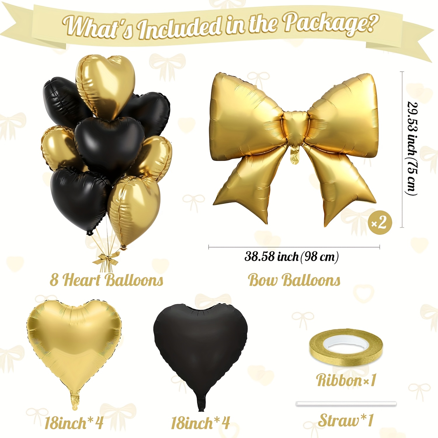 Image of 12pcs, Black And Balloon Set - Including Ribbons And Straws, 45.72cm Heart-shaped Balloons,98cm Aluminum Foil Balloons, Suitable For Birthday, Valentine's Day, Wedding And Anniversary Decorations