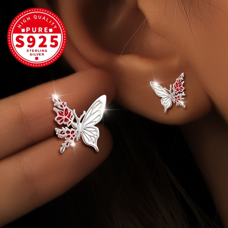 Women's S925 Sterling Silver Irregular Red Leaf Butterfly Stud Earrings