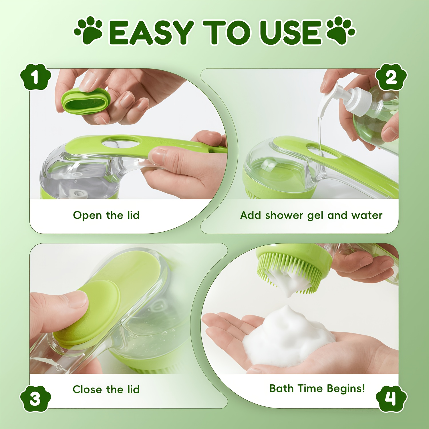 1   version with soap   grooming brush 1   in 1 shampoo dispenser and massage brush soft silicone bristles pet bath grooming massage brush suitable for dogs and cats suitable for all hair types   Product details 1