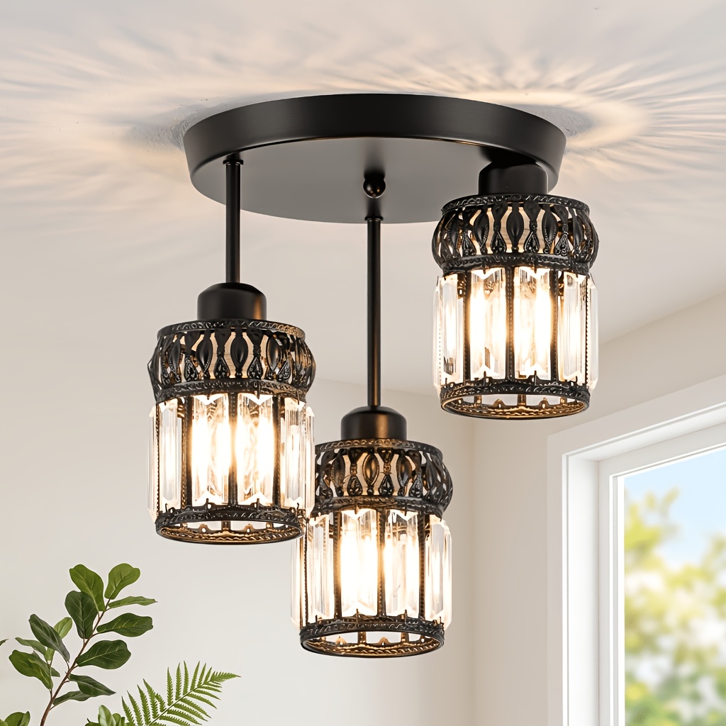 3-head Crystal Lamps, E26 Base Pendant Light For Kitchen Island, Modern Ceiling Hanging Light Fixtures For Dining Room Hallway, Living Room, Hanging Chandeliers