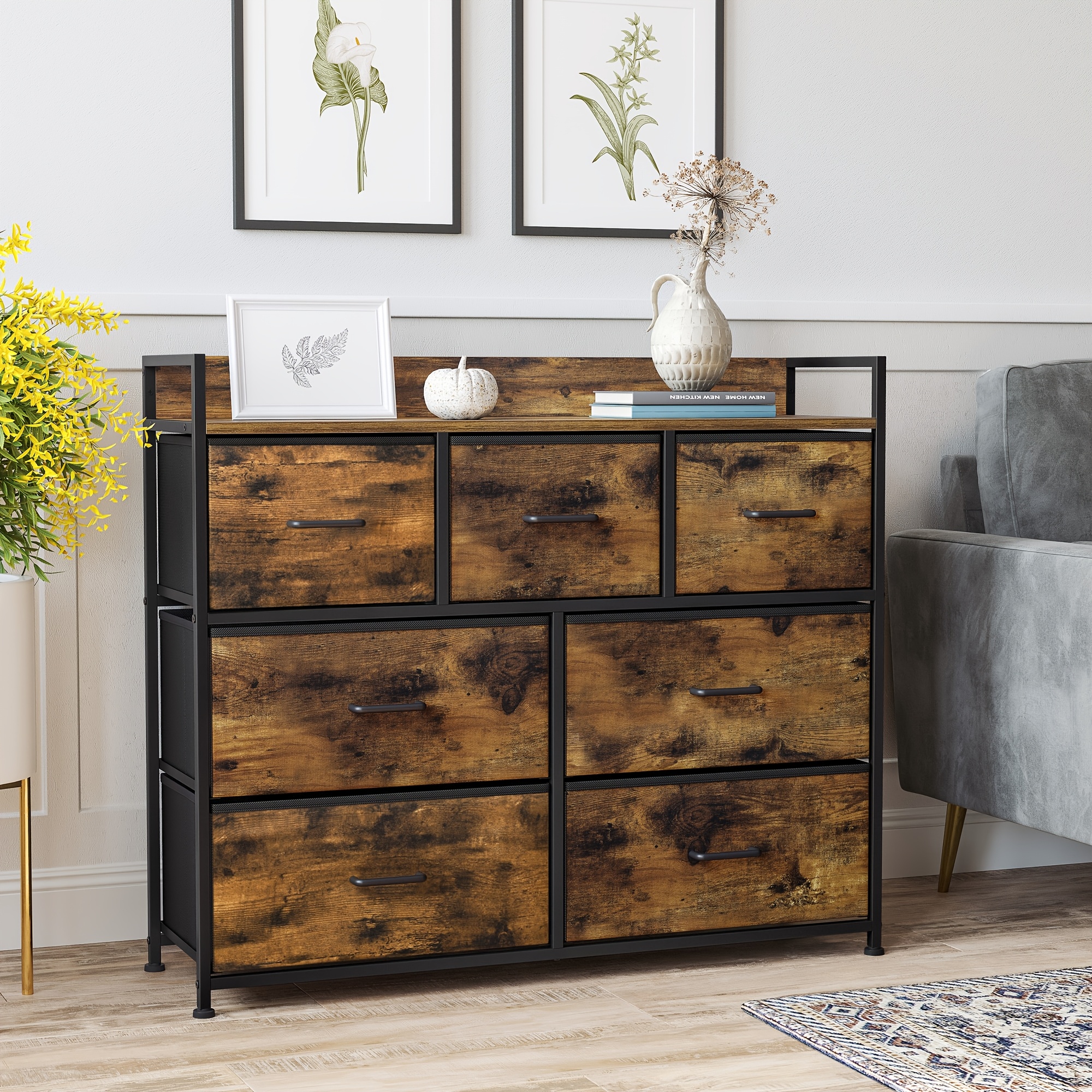 TEMU Commode pour Chambre, à Tiroirs, Unité de Rangement pour Vêtements, 7 Tiroirs en Tissu avec Poignées, Cadre Métallique, Marron Rustique et Noir