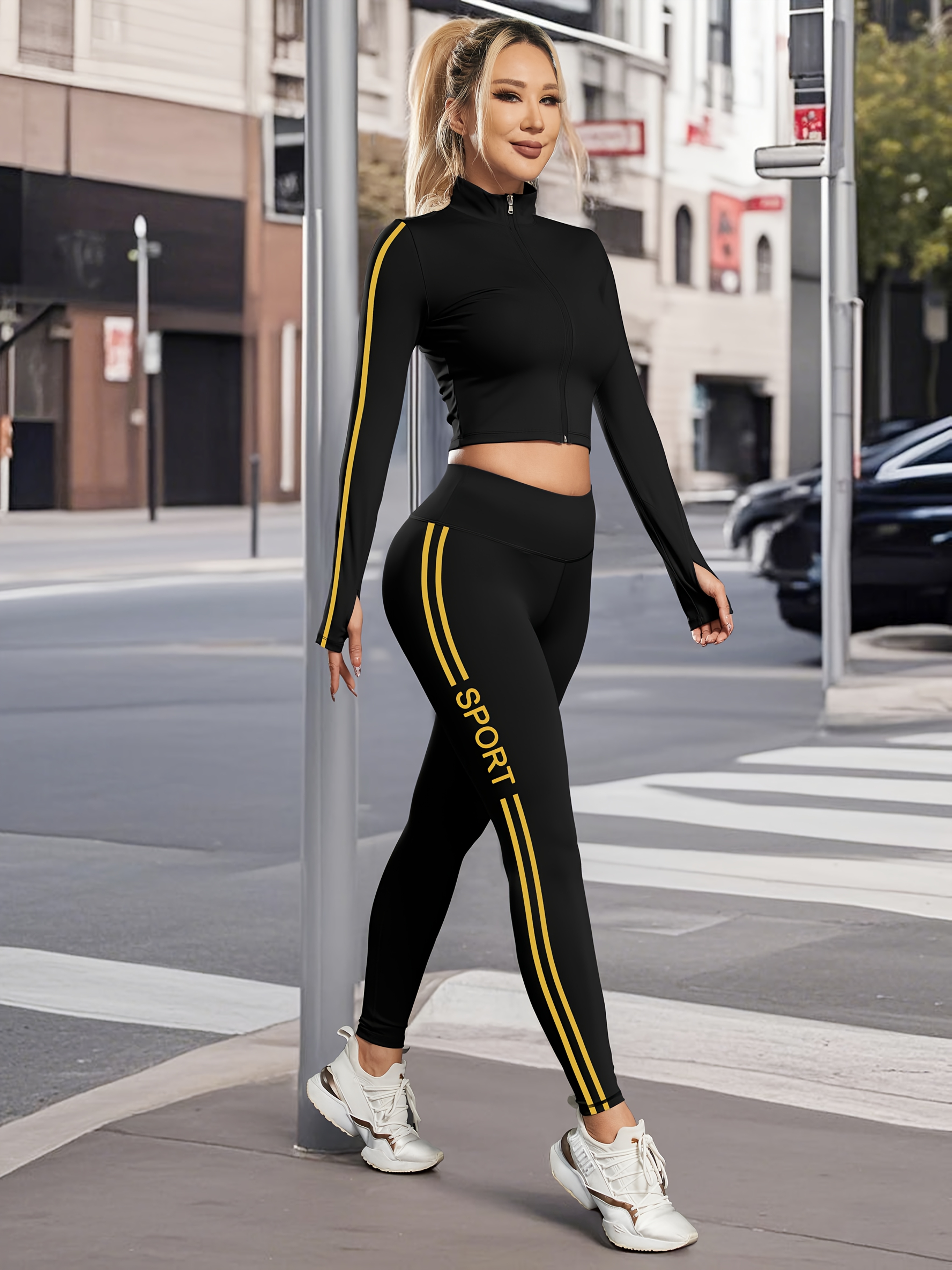 pezzi set sportivo donna e zip stampa a righe Temu Italy