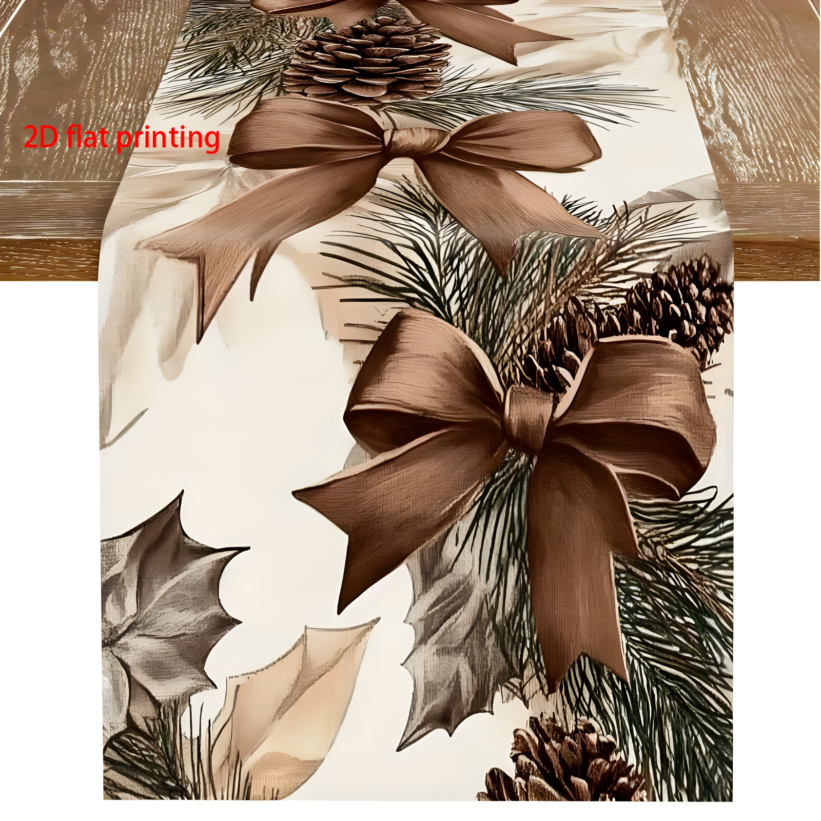 TEMU 1pc Elegant And Brown And Bow Table Runner With Leaves And Twigs - Table Decor For Christmas, New Year, Thanksgiving - Suitable For Rectangular