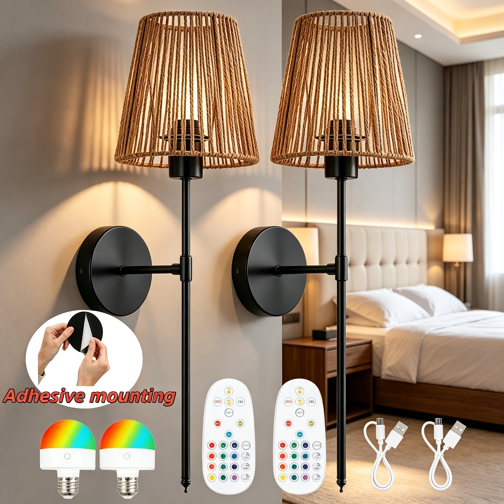 TEMU Bohemian Style Stick On Woven Charging Wall Lamp, 2 Pack, Includes Usb Rechargeable Low Voltage Bulbs And A Battery Free Remote Control, 12rgb,