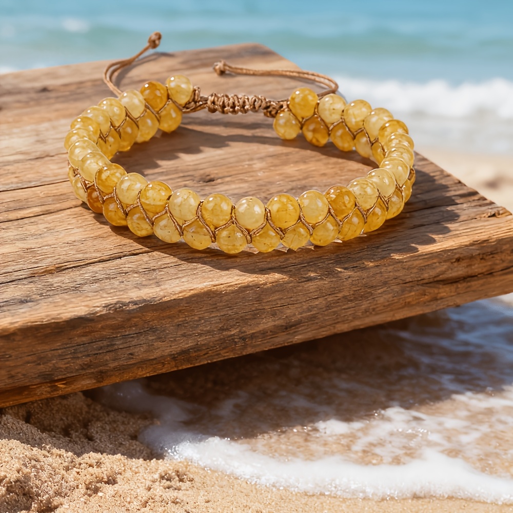 TEMU Bracelet en Citrine Naturelle pour Femme - Bohème à Double Rangée de Perles Rondes Réglable, Convient pour l'Argent, , le Succès, de , Naturelle