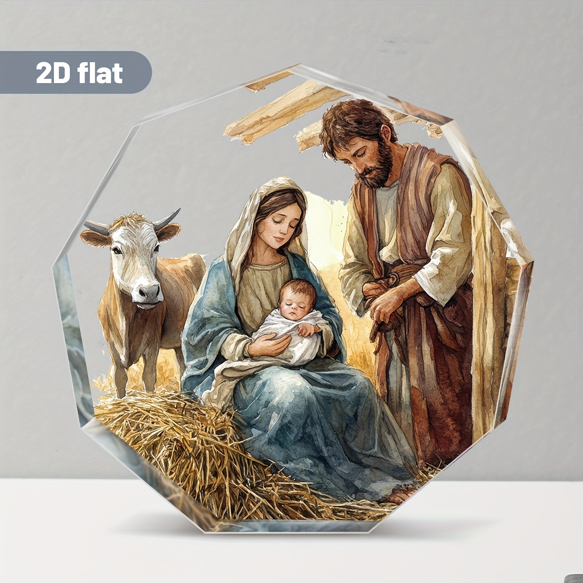 TEMU 2d Flat, 1pc, Christmas Themed Acrylic Ornament, Watercolor Nativity Scene Decorative Plaque, Holy Family Design Featuring The With And Saint