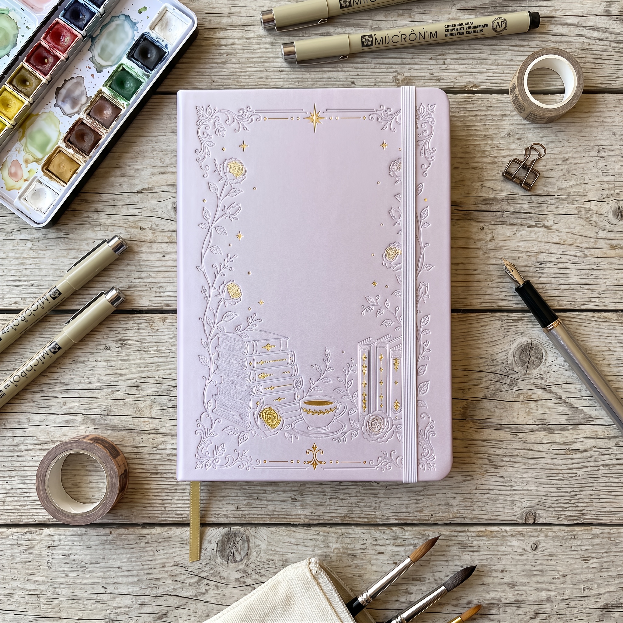 TEMU Buke A5 Dot Grid Notebook With Elegant Embossed And Tea Cup, Pu Leather Hardcover, Binding, Elastic Band, Ribbon Bookmark, 5mm Dot Grid, 160gsm