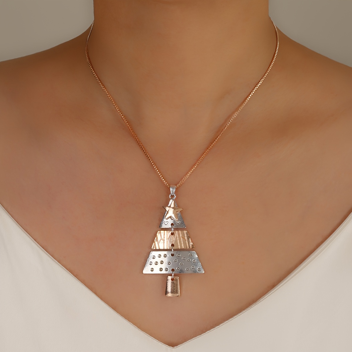 Image of Adorable Christmas Tree Pendant Necklace, Classic Box Chain Alloy Jewelry, Gift For Women