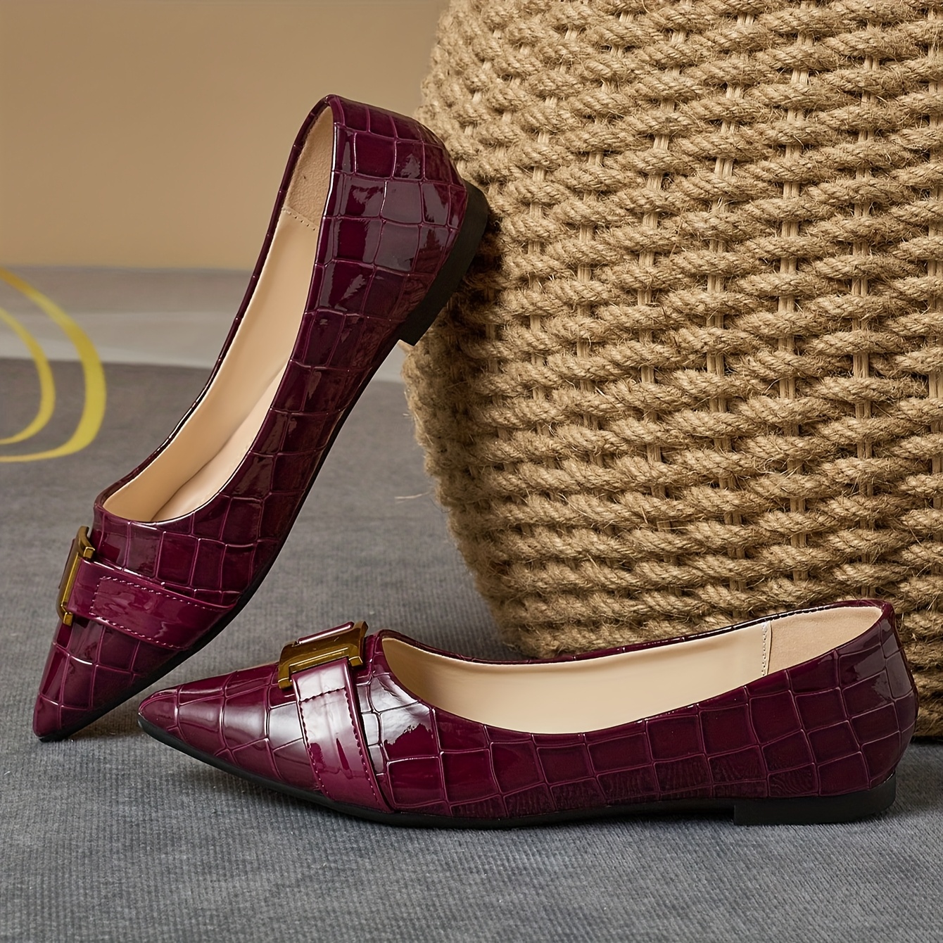 elegant wine red pointed toe flats women chic crocodile Temu