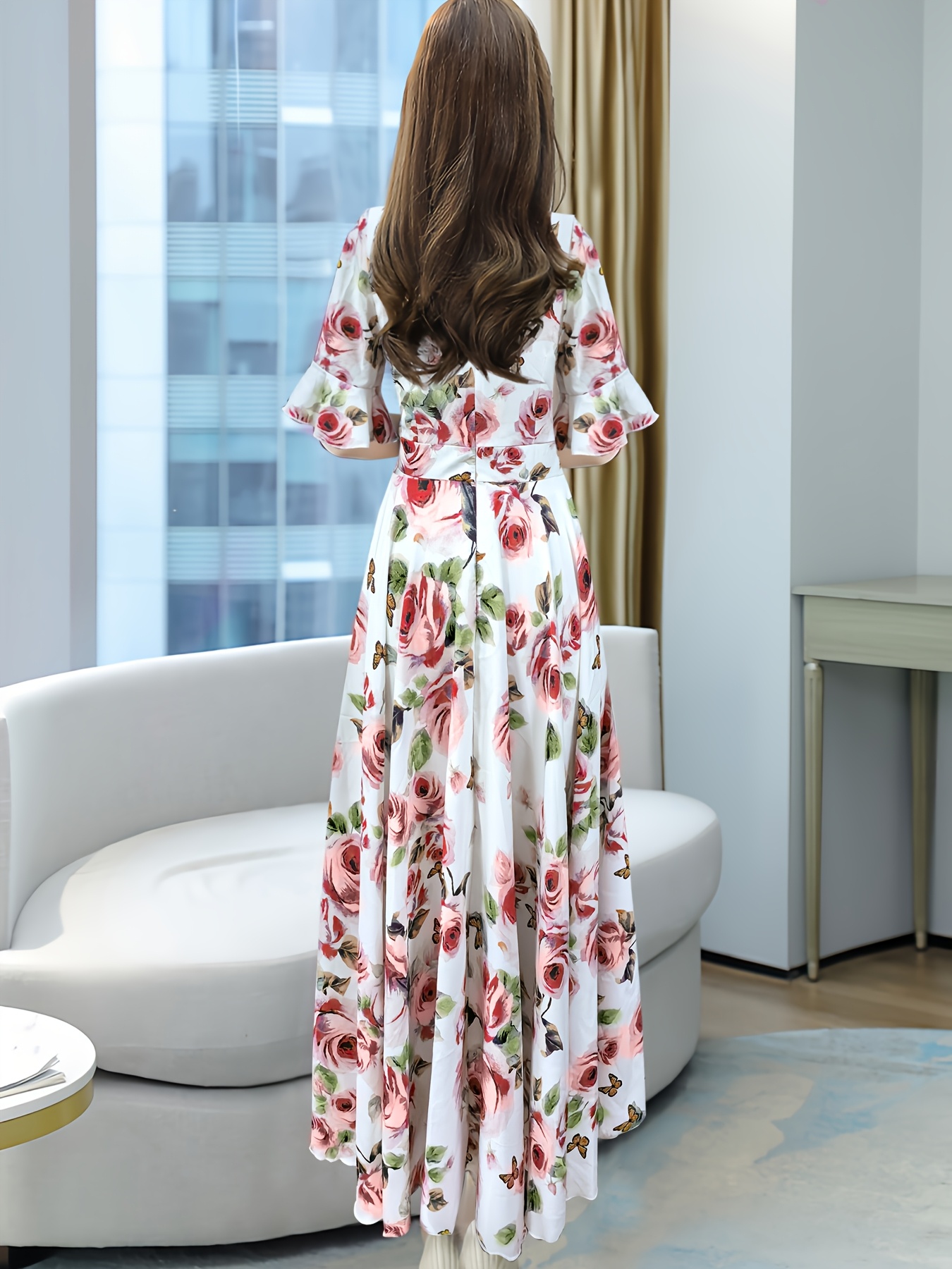 women's floral flowy dress Apricot Bohemian floral mid-length flowy dress S main image 0