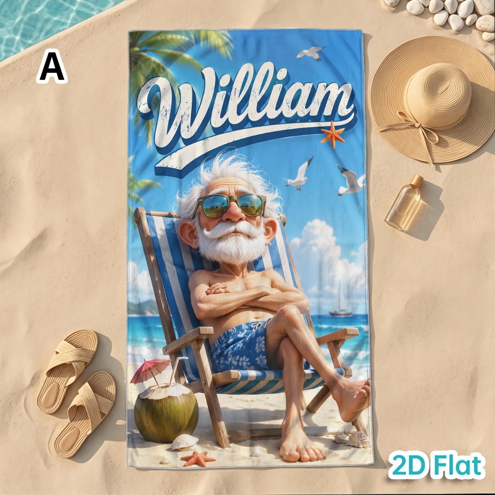 1pc Custom Romantic Couple Beach Towel, Custom Bestie/ Beach Towels, Personalized Fast-drying Microfiber , Absorbent Love Journey Accessory Printed With A Beach Scene Featuring An Elderly Couple