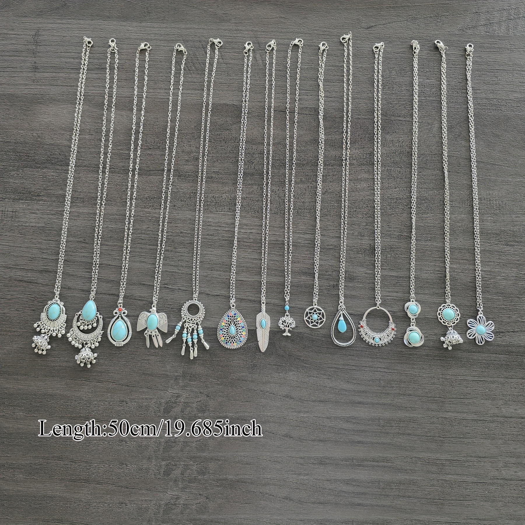 TEMU 14pcs/set Retro Ethnic Style Necklace Jewelry Set - Ancient Silvery Leaf, Flower, , Geometric Shape, Inlaid Turquoise Pendant Necklace Set,