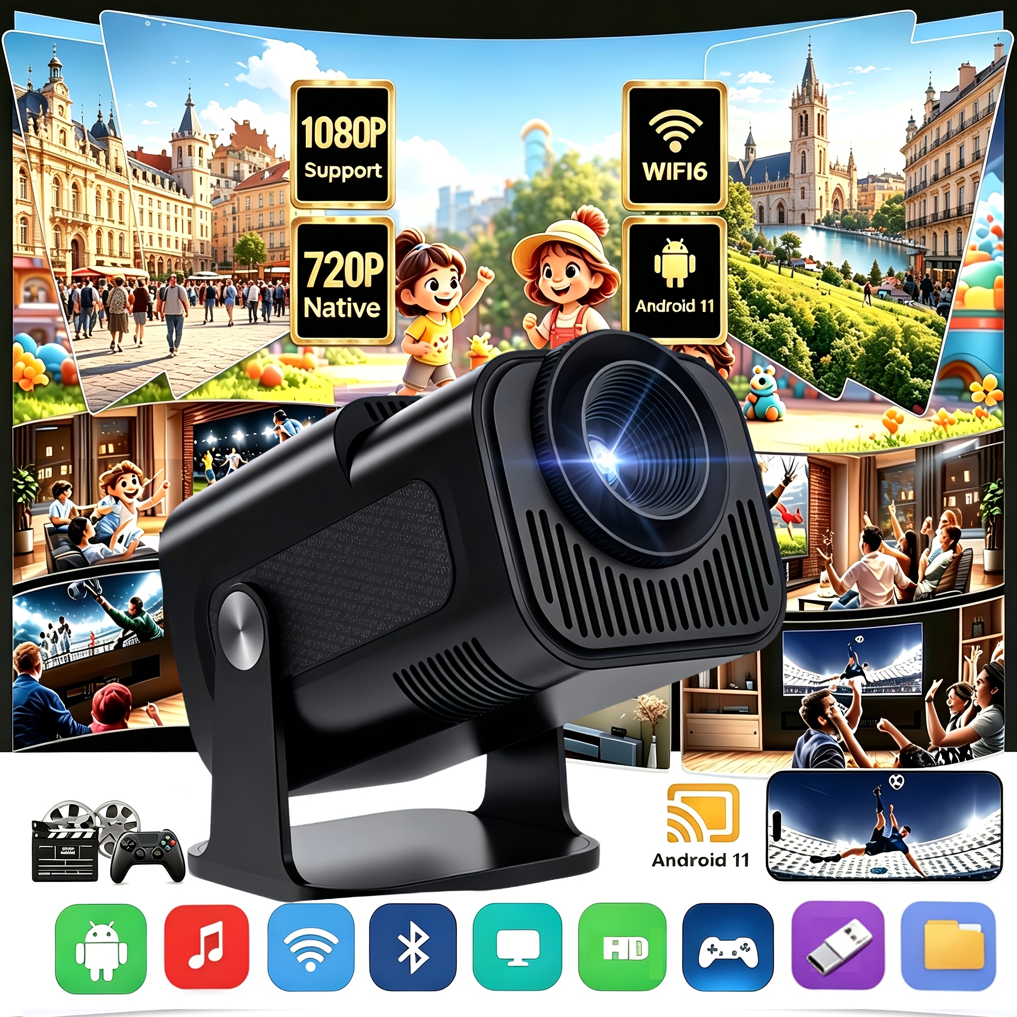 Sucetiho Projector With Wifi 6 And Bt 5.2, 11 Smart Projector, Local 720p, Supports 1080p, 180° Rotating Portable Mini Projector, Suitable For Home Theater, Outdoor And Bedroom Use