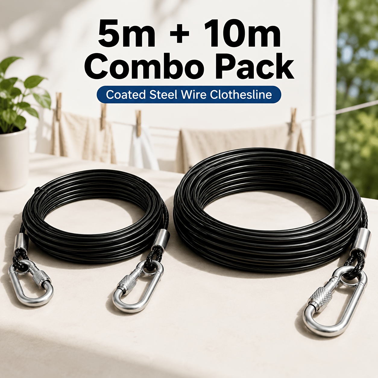 TEMU And 10m/5m And 10m Coated Steel Wire Clothesline , Heavy Duty Portable Outdoor Drying Line With Locking Hooks For Balcony, Camping, Travel, Rv