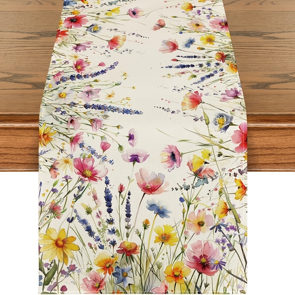 Image of 1pc Linen Daisy Lavender Floral Leaves Spring Table Runner, Summer Kitchen Dining Table Decoration For Home Party Decor 13x48/13x72/13x108 Inch