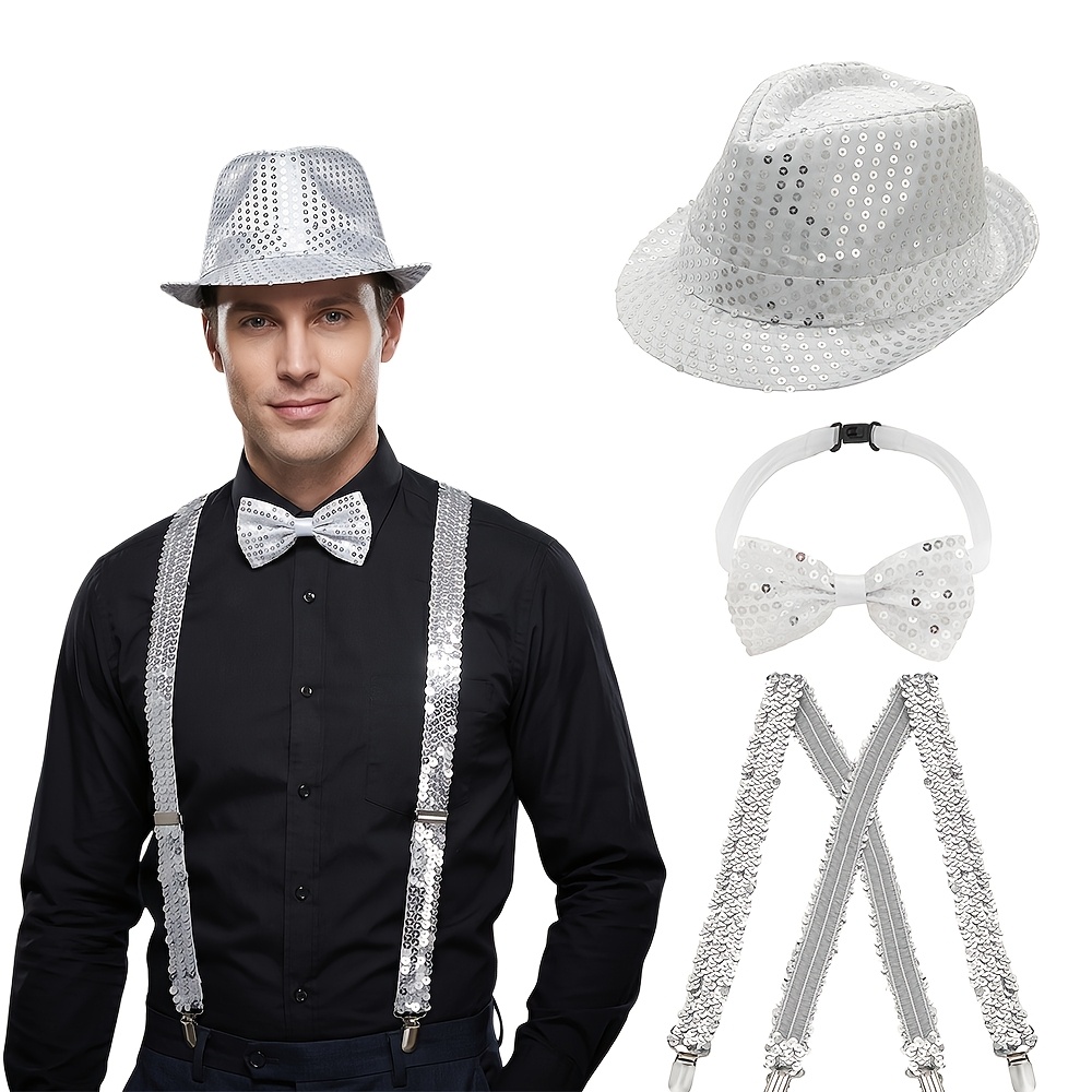 TEMU Silvery Party 3pcs Set: Top Hat + Suspenders + Bow Tie, Disco/christmas/birthday Party Cosplay Accessories, Sequin Reflective Performance