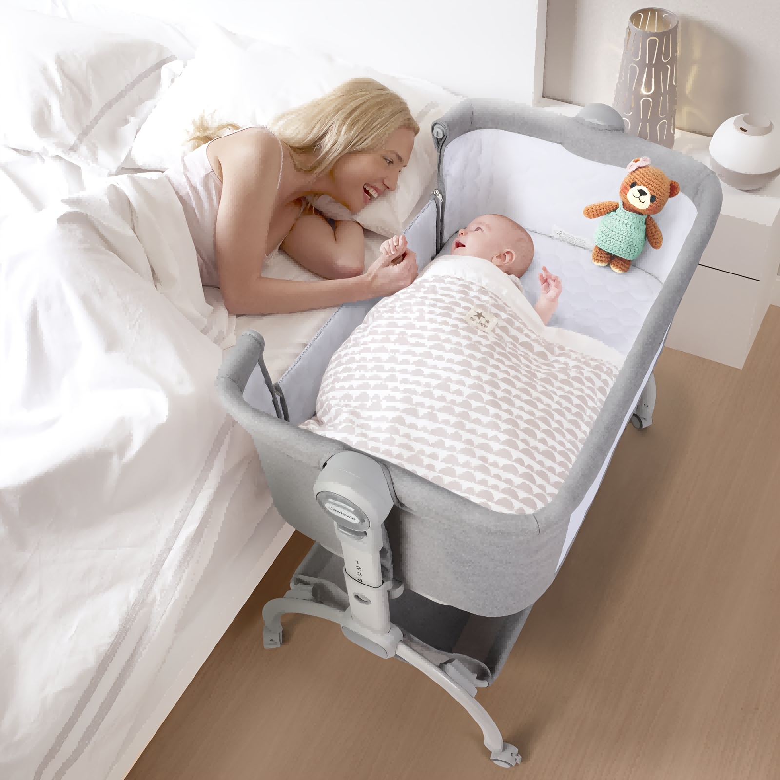 

Baby Bassinet With Wheels And Double-lock Patent Design, Bedside Sleeper With Storage Basket And Mattress, 7 Height Adjustable Easy Folding Portable Bedside Crib For Newborn Infant