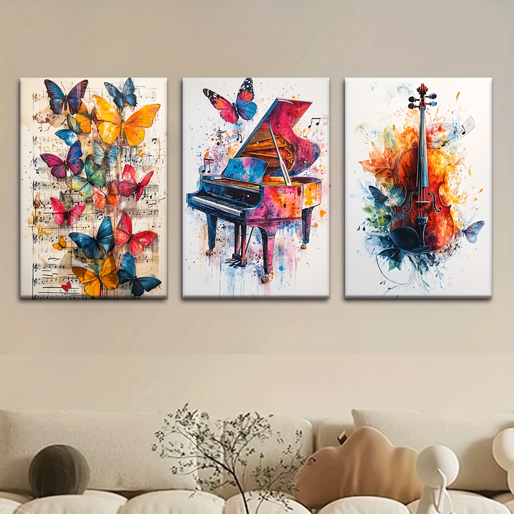 TEMU 2d 3pcs/set, Canvas Painting--unframed, Sheet Music, Piano, Violin, Artist Drawing Set, Living Room, Library, Office, Cafe, Bar, Abstract Art,