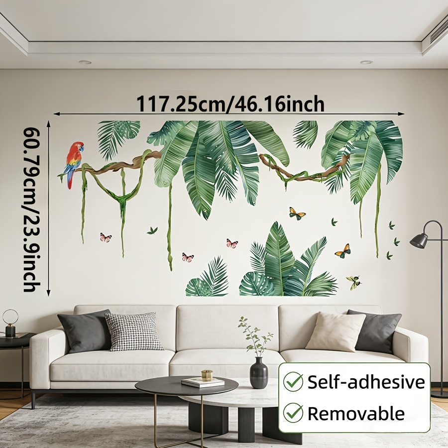 Image of 2pcs Large Size Tropical Stickers Removable Palm Leaves Monstera Parrot Peel Stick Wall Decals For Living Room Bedroom Entrance Hall Home Decor