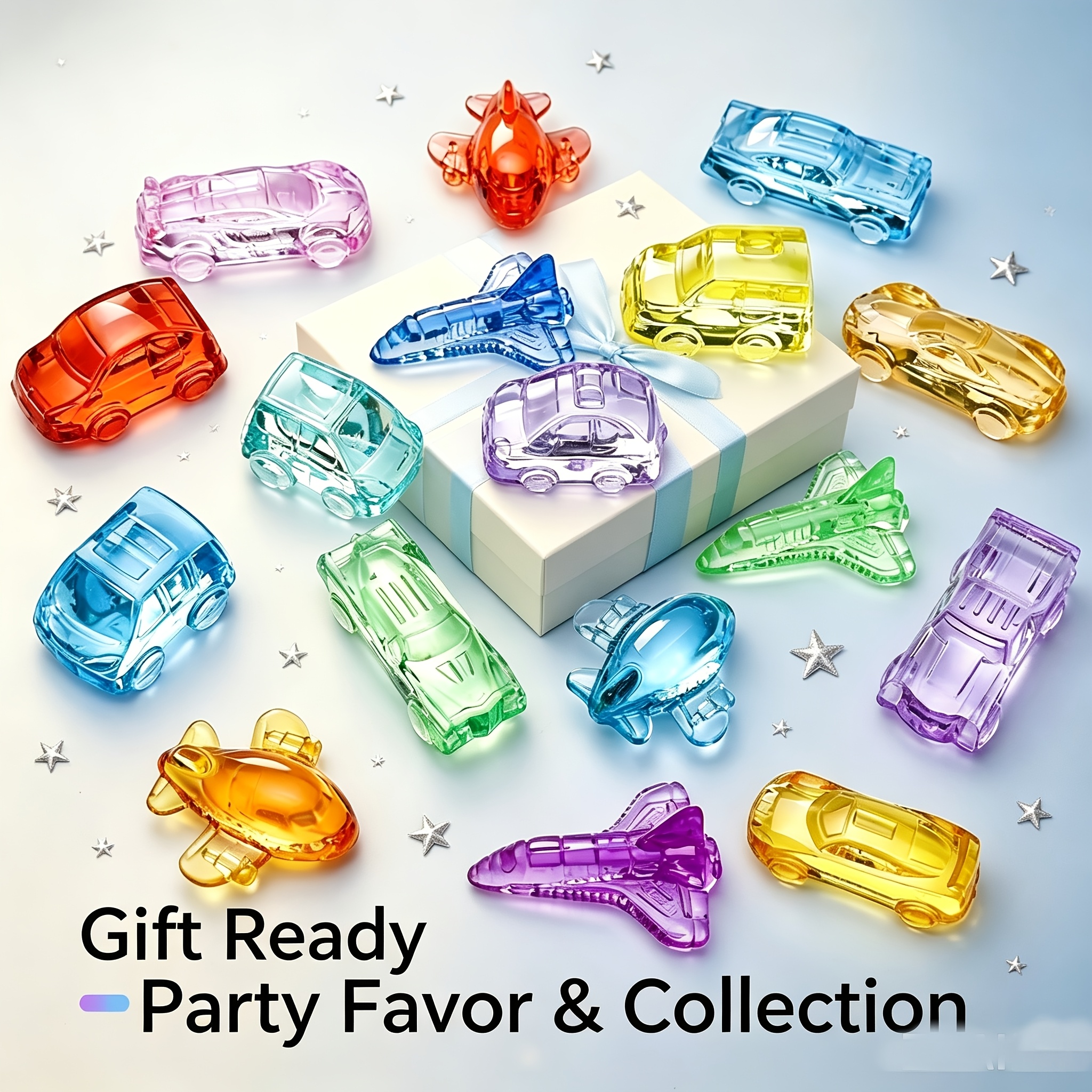 TEMU 2d 12pcs Car And Airplane-shaped Acrylic Plastic Imitation Gemstone Mini Figurine Ornaments, Glossy Translucent Treasure-style Small Statue