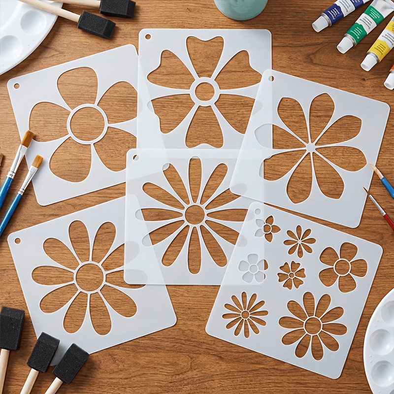 TEMU 6 Daisy And Sunflower Templates | 5-inch Plastic Flower Stencils, Suitable For Wall Art, Home Decor, Scrapbooking, Fabric, Glass, And Collage