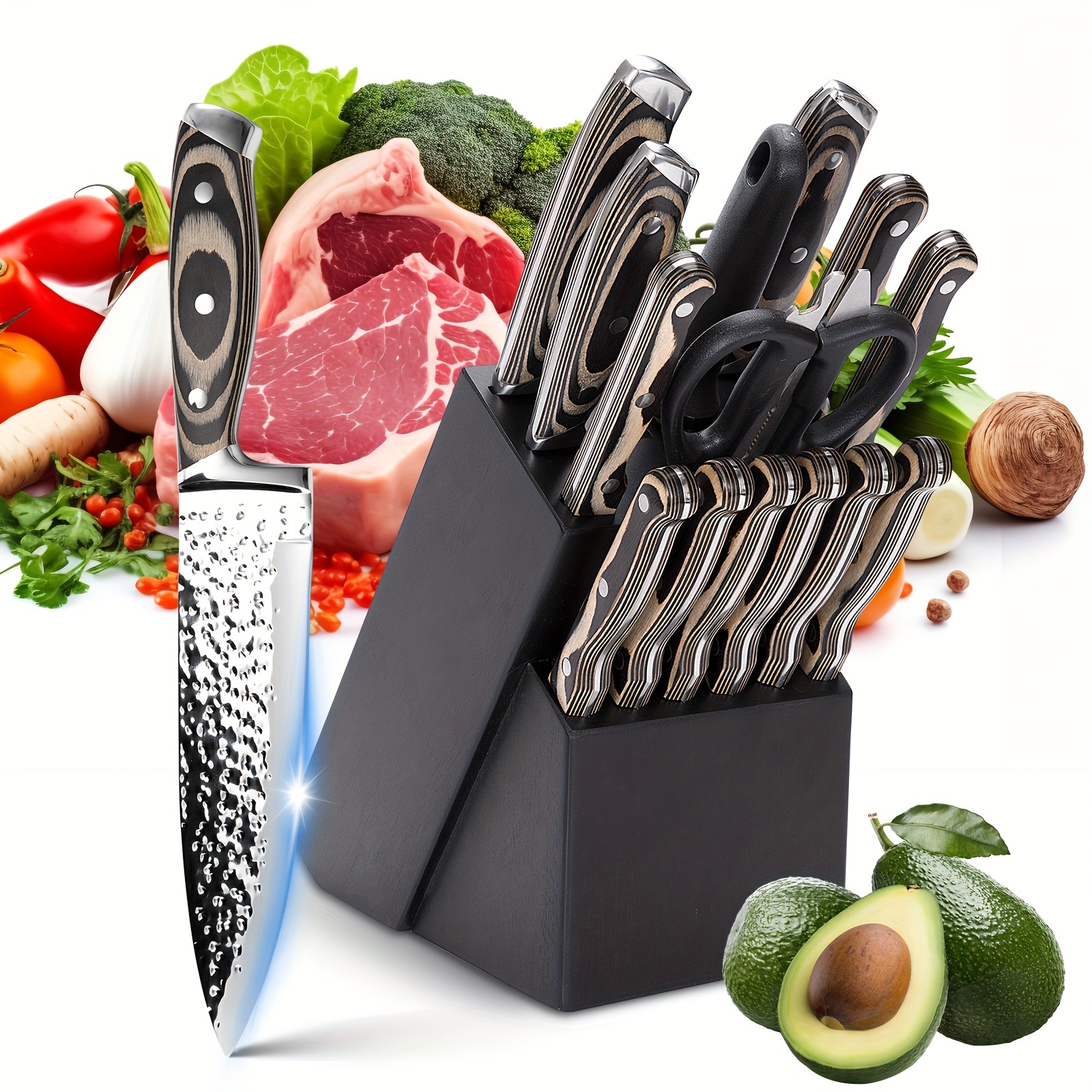 

Kitchen Knife Set, 15pcs Knife Set With Wooden, Self Sharpening For Chef Knife Set, High Carbon Japan Stainless Steel Collection Knife Set With Steak Knives, Knife Set