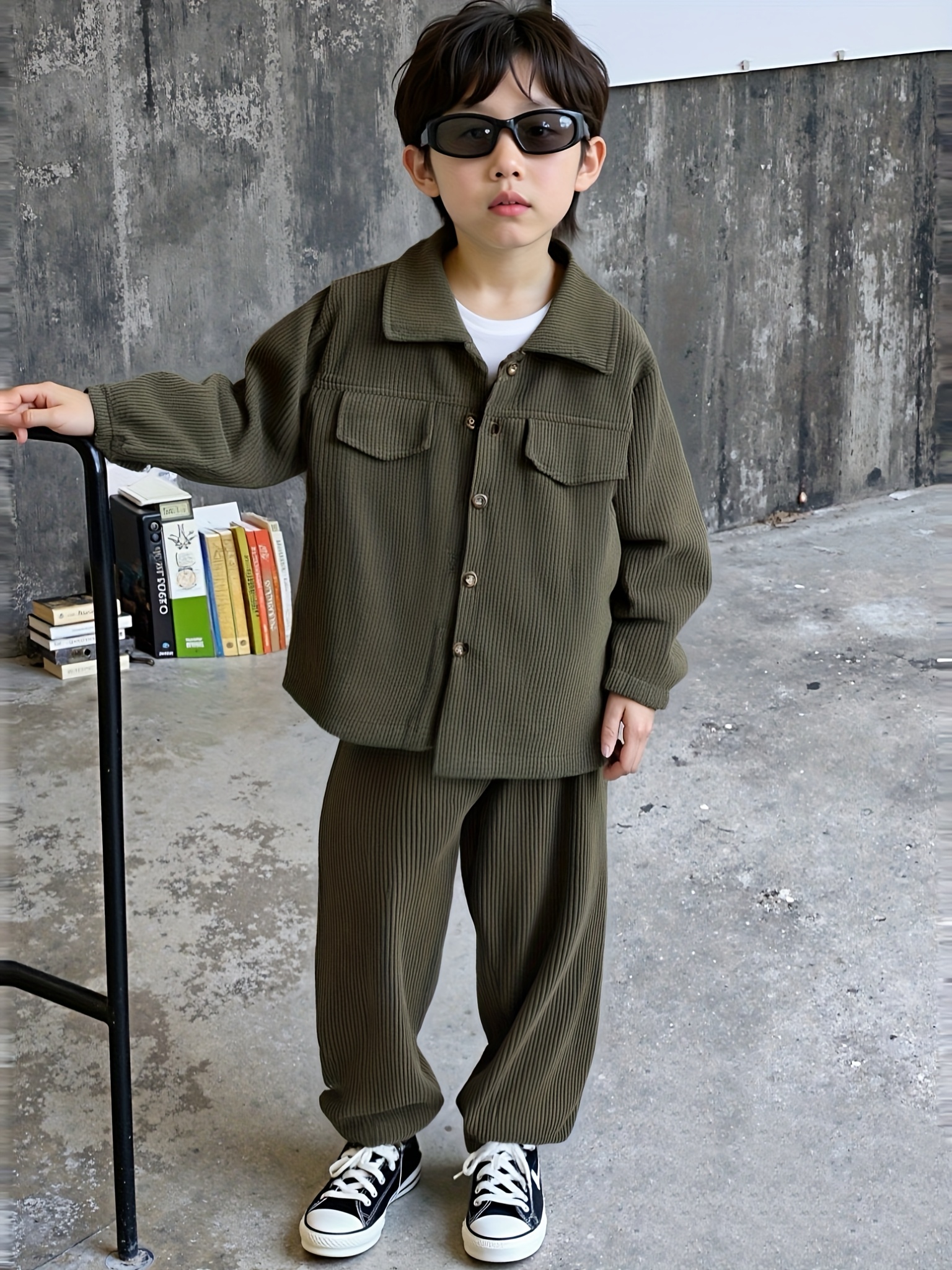 2pcs Boys Casual Outfit - Striped Corduroy Shirt with Button-Up Collar, Matching Pants & Jacket, Elastic Waistband,   Spring/Fall, Outdoor Play & School, Ideal Gift,   Attire |   Shirt | Elastic Waistband Pants, for Outdoor