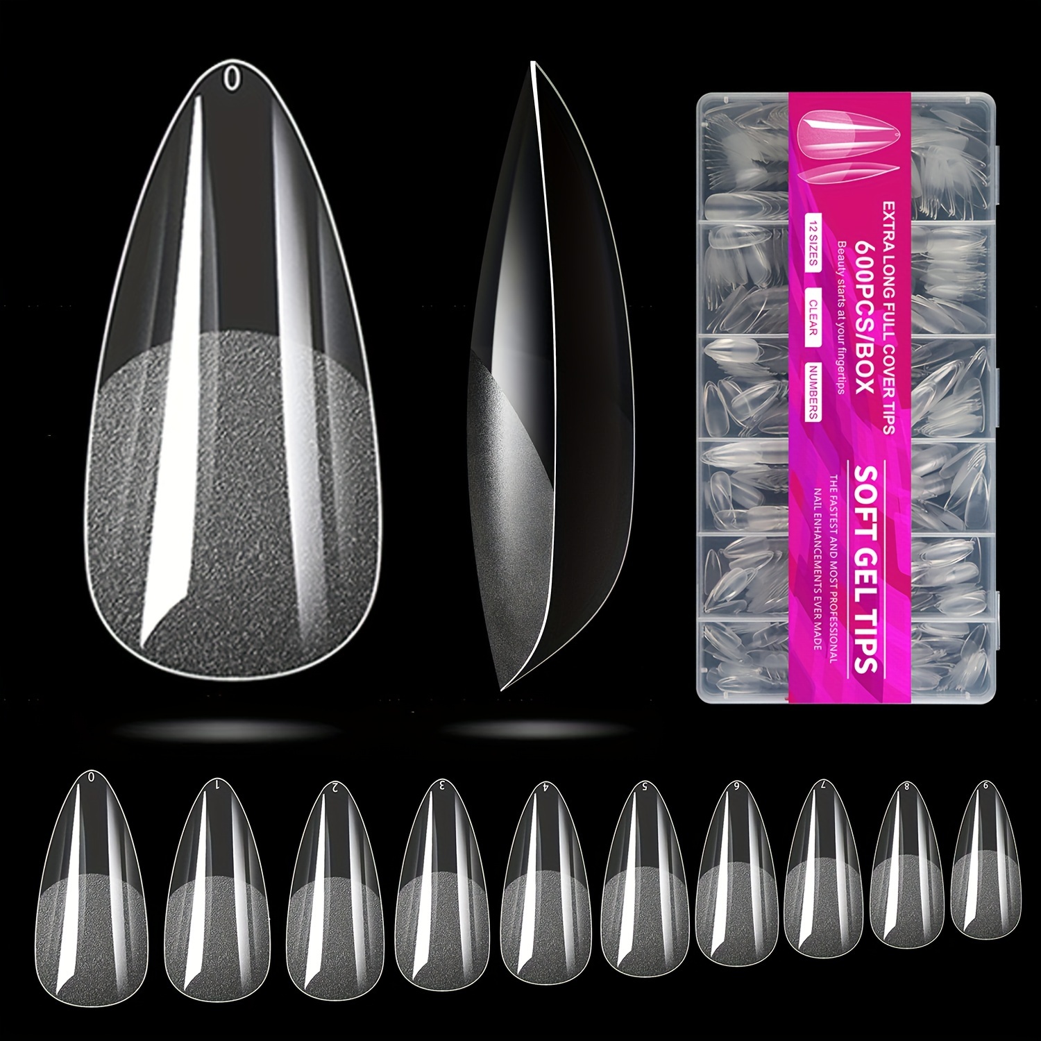 

600pcs Almond Shaped Nail Tips - Half Matte Transparent, Middle Length, Full Cover Press-on Fake Nails With 12 Sizes For Nail Salons And Diy Manicure - , , Soft Nail Tips