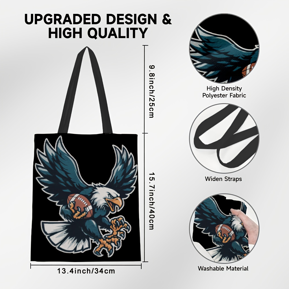 TEMU 1pc, Tote Bag With Eagle Football Design, Stylish Shoulder Bag, Convenient Grocery Shopping Bag, For Grocery Storage And Everyday Use