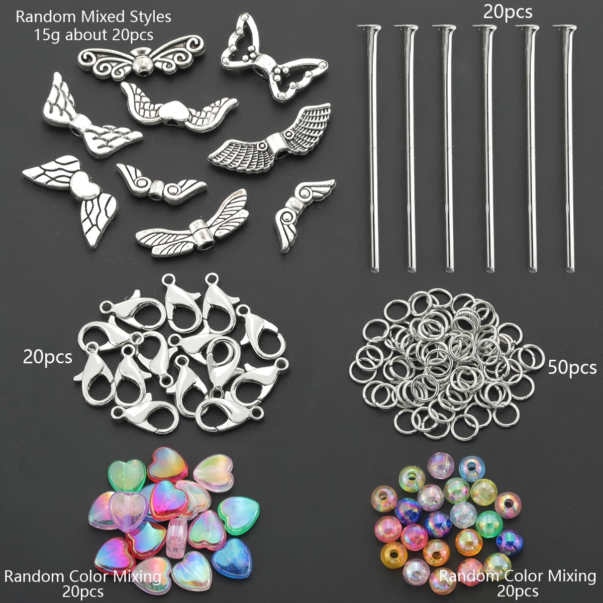 TEMU 150 pezzi per produzione fai da te di portachiavi. 20 pezzi (15g) di perline ciondolo a forma di ala assortite casualmente + 20 pezzi di perline