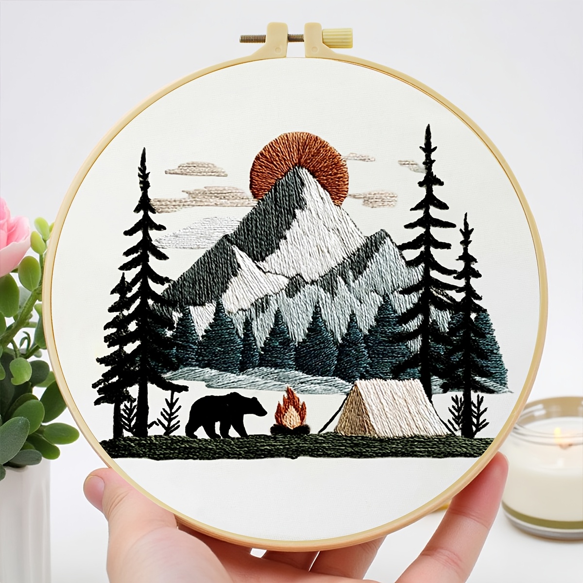 TEMU Embroidery Kit, 15x15cm/5.9x5.9 Inches, 20x20cm/7.9x7.9 Inches, Forest Pattern, Handmade Diy Embroidery Kit, Suitable For Adult Beginners,