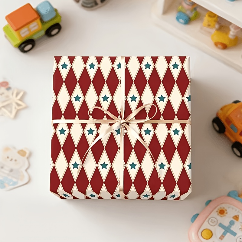 TEMU Papel de embalaje retro de 1 rollo con de diamantes rojos y diseño de adorno de , para embalaje de /Navidad/regalos, específicamente diseñado