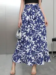 Floral Print Lace High Waist Skirt Elegant Ruffle Hem Maxi - Temu