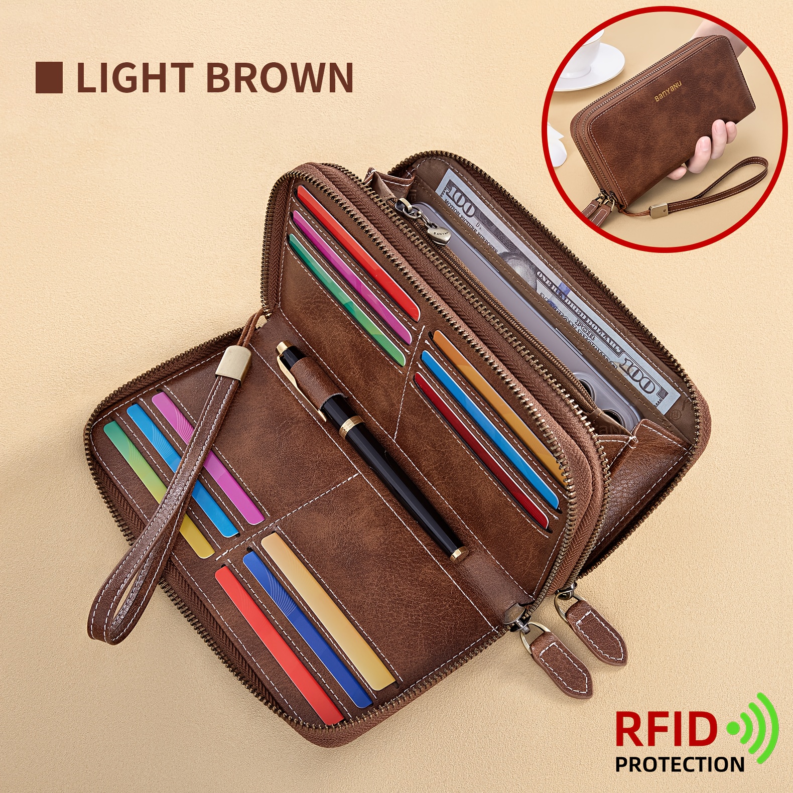 Image of Vintage Women's Zipper Wallet With Anti Rfid Card Bag, Large Storage Bag With 12 Card Slots Suitable For Gifts In