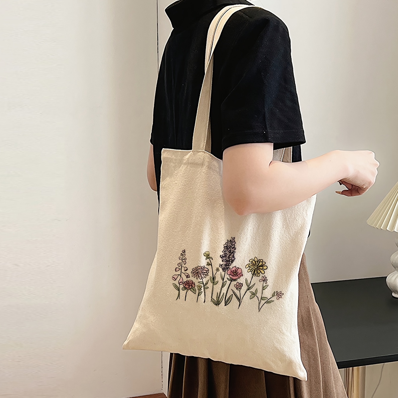 

Floral Tote Bag For Women, Canvas Shoulder Bag With 9 Delicate Flowers Design, Fashionable And Convenient For Shopping And Travel Storage